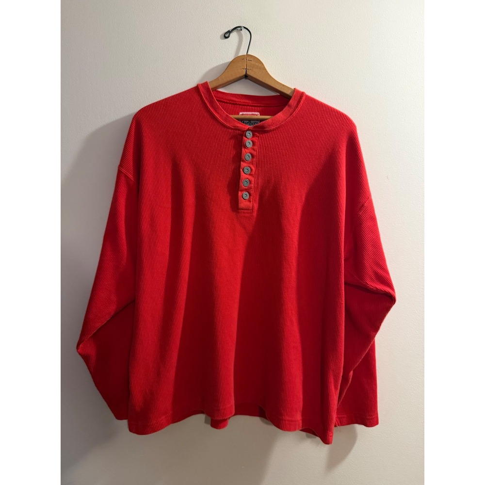 Vintage 90s Marlboro Unlimited Red Ribbed Henley Shirt Mens XL Long Sleeve